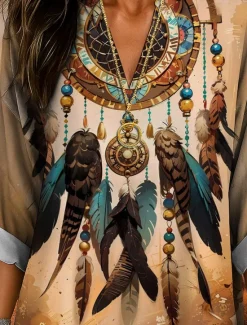 Discount Women's Blouse Tunic V Neck Long Sleeve Boho Casual Tops Ombre Graphic Bohemia Vintage Tropical Regular Tops Daily Wear Print Yellow Red Blue Purple Fuchsia Women Blouses & Shirts