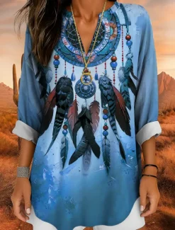 Discount Women's Blouse Tunic V Neck Long Sleeve Boho Casual Tops Ombre Graphic Bohemia Vintage Tropical Regular Tops Daily Wear Print Yellow Red Blue Purple Fuchsia Women Blouses & Shirts