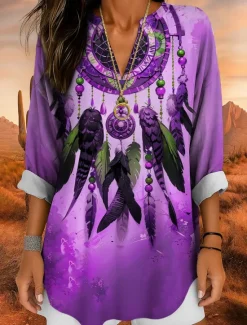 Discount Women's Blouse Tunic V Neck Long Sleeve Boho Casual Tops Ombre Graphic Bohemia Vintage Tropical Regular Tops Daily Wear Print Yellow Red Blue Purple Fuchsia Women Blouses & Shirts