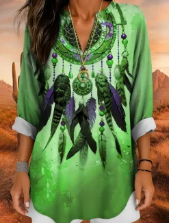Discount Women's Blouse Tunic V Neck Long Sleeve Boho Casual Tops Ombre Graphic Bohemia Vintage Tropical Regular Tops Daily Wear Print Yellow Red Blue Purple Fuchsia Women Blouses & Shirts