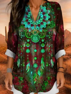 Discount Women's Blouse Tunic V Neck Long Sleeve Boho Casual Tops Ombre Graphic Bohemia Vintage Tropical Regular Tops Daily Wear Print Yellow Red Blue Purple Fuchsia Women Blouses & Shirts