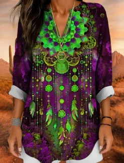 Discount Women's Blouse Tunic V Neck Long Sleeve Boho Casual Tops Ombre Graphic Bohemia Vintage Tropical Regular Tops Daily Wear Print Yellow Red Blue Purple Fuchsia Women Blouses & Shirts