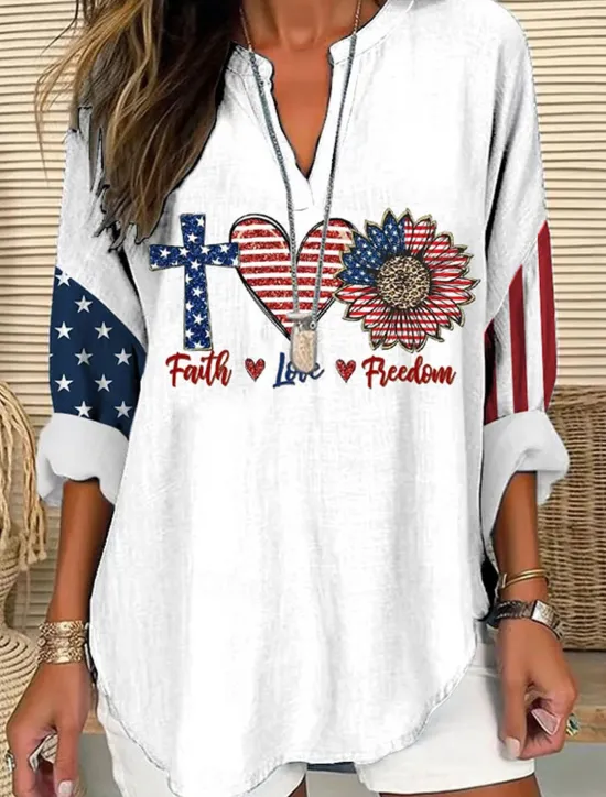 Hot Women's Blouse Tunic V Neck Long Sleeve Boho Casual Patriotic Graphic Flag Vintage Stylish Regular Tops Daily Women Independence Day Top
