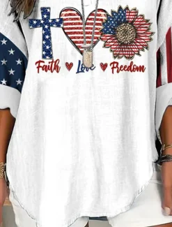 Hot Women's Blouse Tunic V Neck Long Sleeve Boho Casual Patriotic Graphic Flag Vintage Stylish Regular Tops Daily Women Independence Day Top