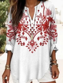 Online Women's Blouse Tunic V Neck Long Sleeve Boho Casual Tops Floral Graphic Vintage Regular Tops Daily Print White Red Royal Blue Purple Green Women Blouses & Shirts|Boho Tops