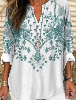 Online Women's Blouse Tunic V Neck Long Sleeve Boho Casual Tops Floral Graphic Vintage Regular Tops Daily Print White Red Royal Blue Purple Green Women Blouses & Shirts|Boho Tops