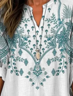 Online Women's Blouse Tunic V Neck Long Sleeve Boho Casual Tops Floral Graphic Vintage Regular Tops Daily Print White Red Royal Blue Purple Green Women Blouses & Shirts|Boho Tops