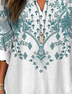 Online Women's Blouse Tunic V Neck Long Sleeve Boho Casual Tops Floral Graphic Vintage Regular Tops Daily Print White Red Royal Blue Purple Green Women Blouses & Shirts|Boho Tops