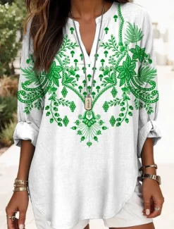 Online Women's Blouse Tunic V Neck Long Sleeve Boho Casual Tops Floral Graphic Vintage Regular Tops Daily Print White Red Royal Blue Purple Green Women Blouses & Shirts|Boho Tops