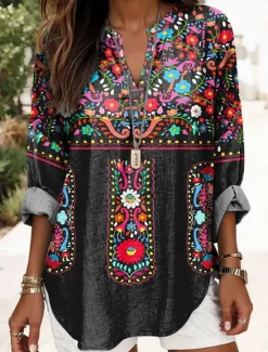 Hot Women's Blouse Tunic V Neck Long Sleeve Boho Casual Floral Graphic Vintage Tropical Regular Tops Daily Vacation Wear Print Black Pink Women Boho Tops