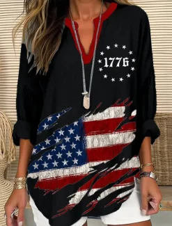 Hot Women's Blouse Tunic V Neck Long Sleeve Boho Casual Patriotic Graphic Flag Vintage Tropical Regular Tops Daily Wear Print Black White Red Blue Women Independence Day Top