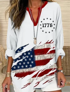 Hot Women's Blouse Tunic V Neck Long Sleeve Boho Casual Patriotic Graphic Flag Vintage Tropical Regular Tops Daily Wear Print Black White Red Blue Women Independence Day Top