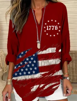 Hot Women's Blouse Tunic V Neck Long Sleeve Boho Casual Patriotic Graphic Flag Vintage Tropical Regular Tops Daily Wear Print Black White Red Blue Women Independence Day Top