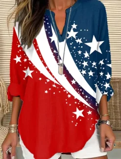 Outlet Women's Blouse Tunic V Neck Long Sleeve Boho Casual Patriotic Graphic Flag Vintage Stylish Regular Tops Daily Women Independence Day Top