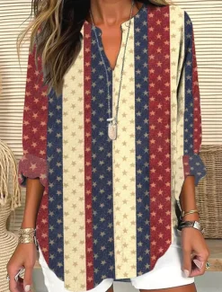Discount Women's Blouse Tunic V Neck Long Sleeve Boho Casual Patriotic Graphic Flag Vintage Tropical Regular Tops Daily Wear Print Red Blue Women Independence Day Top