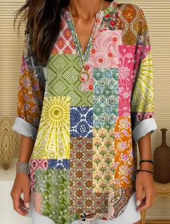 Outlet Women's Blouse Tunic V Neck Long Sleeve Boho Casual Graphic Geometric Color Block Elegant Bohemia Vintage Regular Tops Daily Wear Print Yellow Red Blue Purple Green Women Blouses & Shirts