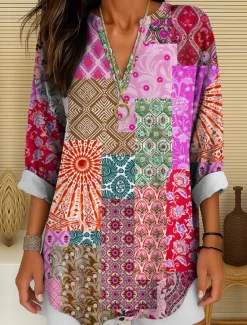 Outlet Women's Blouse Tunic V Neck Long Sleeve Boho Casual Graphic Geometric Color Block Elegant Bohemia Vintage Regular Tops Daily Wear Print Yellow Red Blue Purple Green Women Blouses & Shirts
