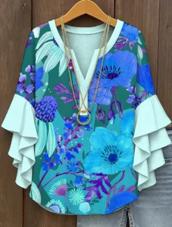 Discount Women's Blouse V Neck Floral Graphic Elegant Bohemia Ethnic 3/4 Length Sleeve Regular Tops Daily Holiday Vacation Wear Ruffle Print Yellow Red Blue Purple Green Summer Spring Fall Women Blouses & Shirts