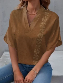 New Women's Blouse V Neck Floral Graphic Stylish Beach Short Sleeve Regular Tops Daily Print Blue Green Khaki Summer Spring Women Boho Tops