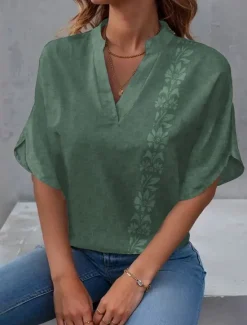 New Women's Blouse V Neck Floral Graphic Stylish Beach Short Sleeve Regular Tops Daily Print Blue Green Khaki Summer Spring Women Boho Tops