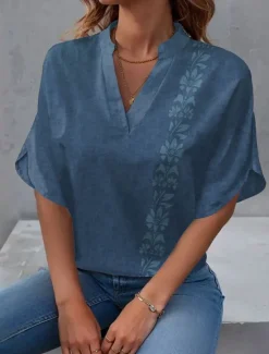 New Women's Blouse V Neck Floral Graphic Stylish Beach Short Sleeve Regular Tops Daily Print Blue Green Khaki Summer Spring Women Boho Tops