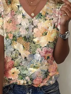 New Women's Blouse V Neck Floral Graphic Casual Short Sleeve Regular Tops Daily Buttons Print Summer Women Spring Tops