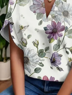 Discount Women's Blouse V Neck Floral Graphic Bohemia Daily Stylish Short Sleeve Regular Tops Daily Print Summer Spring Women Blouses & Shirts