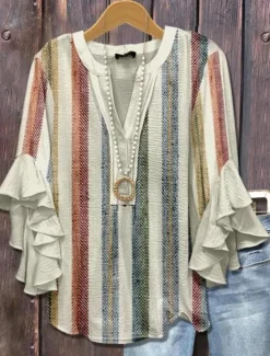 Sale Women's Blouse V Neck Graphic Geometric Bohemia Vintage Daily 3/4 Length Sleeve Regular Tops Daily Holiday Vacation Wear Print Black White Yellow Green Khaki Summer Spring Fall Women Blouses & Shirts