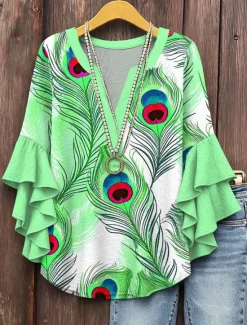 Online Women's Blouse V Neck Graphic Color Gradient Feather Daily Stylish Casual 3/4 Length Sleeve Regular Tops Daily Holiday Vacation Wear Print Pink Blue Purple Green Summer Spring Women Blouses & Shirts