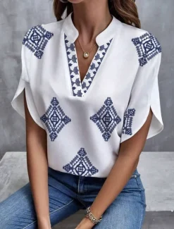 Hot Women's Blouse V Neck Graphic Geometric Stylish Beach Short Sleeve Regular Tops Daily Print Summer Spring Women Boho Tops