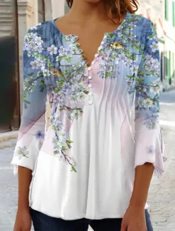 New Women's Blouse V Neck Henley Floral Streetwear Casual 3/4 Length Sleeve Round Neck Regular Tops Holiday Weekend Buttons Print Women Blouses & Shirts|Spring Tops