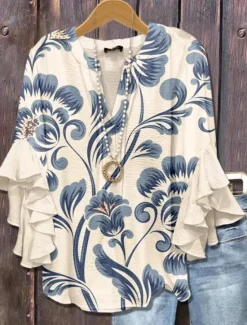 Hot Women's Blouse V Neck Layered Ruffle Sleeve Tops Floral Graphic Bohemia Vintage Daily 3/4 Length Sleeve Regular Tops Daily Holiday Vacation Wear Print Pink Red Blue Sky Blue Orange Summer Spring Fall Women Blouses & Shirts