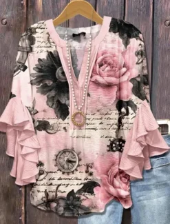 Hot Women's Blouse V Neck Layered Ruffle Sleeve Tops Floral Graphic Bohemia Vintage Daily 3/4 Length Sleeve Regular Tops Daily Holiday Vacation Wear Print Pink Red Blue Sky Blue Orange Summer Spring Fall Women Blouses & Shirts