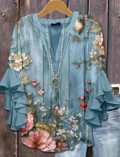Hot Women's Blouse V Neck Layered Ruffle Sleeve Tops Floral Graphic Bohemia Vintage Daily 3/4 Length Sleeve Regular Tops Daily Holiday Vacation Wear Print Pink Red Blue Sky Blue Orange Summer Spring Fall Women Blouses & Shirts