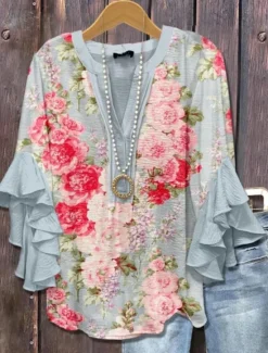Hot Women's Blouse V Neck Layered Ruffle Sleeve Tops Floral Graphic Bohemia Vintage Daily 3/4 Length Sleeve Regular Tops Daily Holiday Vacation Wear Print Pink Red Blue Sky Blue Orange Summer Spring Fall Women Blouses & Shirts