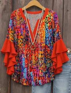 Clearance Women's Blouse V Neck Layered Ruffle Sleeve Tops Graphic Geometric Abstract Daily Stylish Casual 3/4 Length Sleeve Regular Tops Daily Holiday Vacation Wear Print Pink Red Blue Purple Summer Spring Women Blouses & Shirts