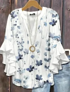 Sale Women's Blouse V Neck Layered Ruffle Sleeve Tops Floral Graphic Striped Daily Stylish Casual 3/4 Length Sleeve Regular Tops Daily Holiday Vacation Wear Print White Blue Sky Blue Orange Green Summer Women Blouses & Shirts