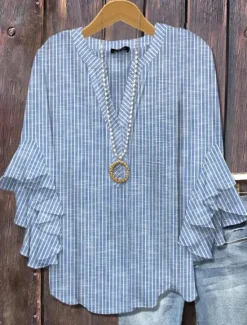 Sale Women's Blouse V Neck Layered Ruffle Sleeve Tops Floral Graphic Striped Daily Stylish Casual 3/4 Length Sleeve Regular Tops Daily Holiday Vacation Wear Print White Blue Sky Blue Orange Green Summer Women Blouses & Shirts