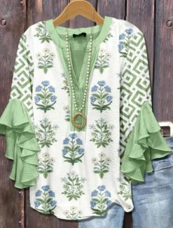 Sale Women's Blouse V Neck Layered Ruffle Sleeve Tops Floral Graphic Striped Daily Stylish Casual 3/4 Length Sleeve Regular Tops Daily Holiday Vacation Wear Print White Blue Sky Blue Orange Green Summer Women Blouses & Shirts