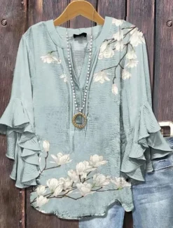Sale Women's Blouse V Neck Layered Ruffle Sleeve Tops Floral Graphic Striped Daily Stylish Casual 3/4 Length Sleeve Regular Tops Daily Holiday Vacation Wear Print White Blue Sky Blue Orange Green Summer Women Blouses & Shirts