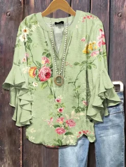 New Women's Blouse V Neck Ombre Floral Graphic Elegant Bohemia Stylish 3/4 Length Sleeve Regular Tops Daily Holiday Vacation Wear Ruffle Print Blush Pink Light Green Light Blue Summer Spring Fall Women Blouses & Shirts