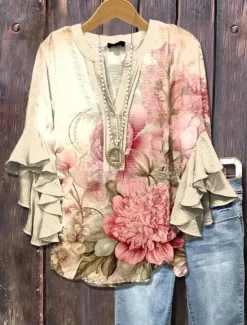 New Women's Blouse V Neck Ombre Floral Graphic Elegant Bohemia Stylish 3/4 Length Sleeve Regular Tops Daily Holiday Vacation Wear Ruffle Print Blush Pink Light Green Light Blue Summer Spring Fall Women Blouses & Shirts