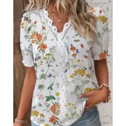 Online Women's Blouse V Neck Elegant Lace Tops Eyelet Blouse Ethnic Floral Lace Puff Sleeve Short Sleeve Daily Romantic Petite Tops Summer Holiday Wear Summer Women Spring Tops