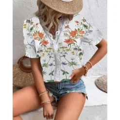 Online Women's Blouse V Neck Elegant Lace Tops Eyelet Blouse Ethnic Floral Lace Puff Sleeve Short Sleeve Daily Romantic Petite Tops Summer Holiday Wear Summer Women Spring Tops