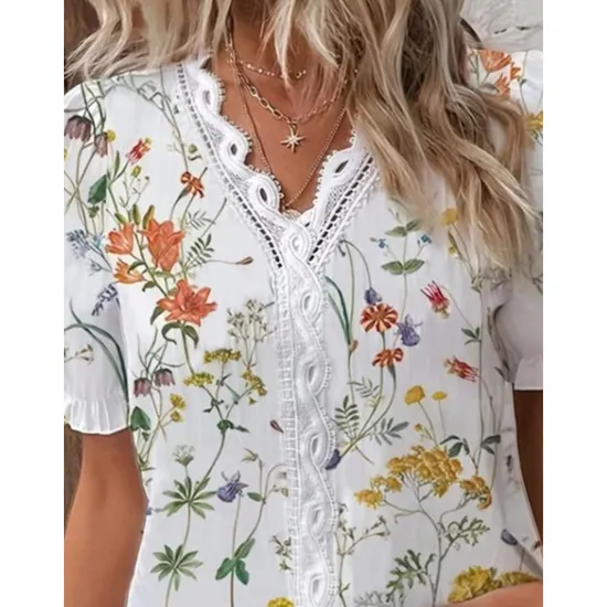 Online Women's Blouse V Neck Elegant Lace Tops Eyelet Blouse Ethnic Floral Lace Puff Sleeve Short Sleeve Daily Romantic Petite Tops Summer Holiday Wear Summer Women Spring Tops