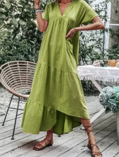 Clearance Women's Blue Sky Blue Green Summer Spring Maxi Dress Cotton Linen Dresses Casual Dress Basic Modern Daily Weekend Loose Fit Plain V Neck Women Dresses