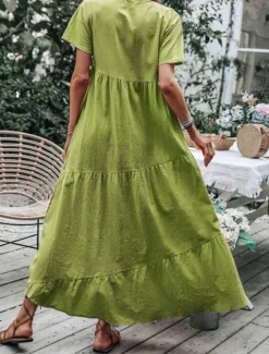 Clearance Women's Blue Sky Blue Green Summer Spring Maxi Dress Cotton Linen Dresses Casual Dress Basic Modern Daily Weekend Loose Fit Plain V Neck Women Dresses