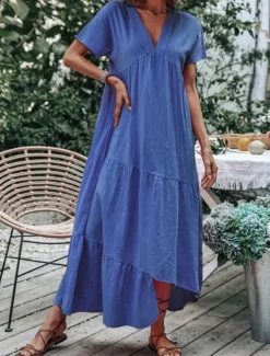 Clearance Women's Blue Sky Blue Green Summer Spring Maxi Dress Cotton Linen Dresses Casual Dress Basic Modern Daily Weekend Loose Fit Plain V Neck Women Dresses