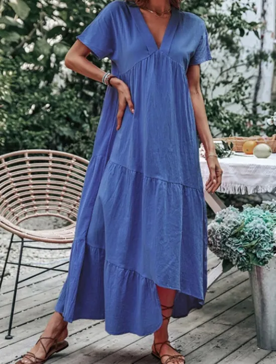 Clearance Women's Blue Sky Blue Green Summer Spring Maxi Dress Cotton Linen Dresses Casual Dress Basic Modern Daily Weekend Loose Fit Plain V Neck Women Dresses