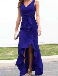Best Women's Bodycon Maxi Dress Ruffle Split Cocktail Party Elegant Formal V Neck Sleeveless Black Wine Navy Blue Color Women Cocktail Dress